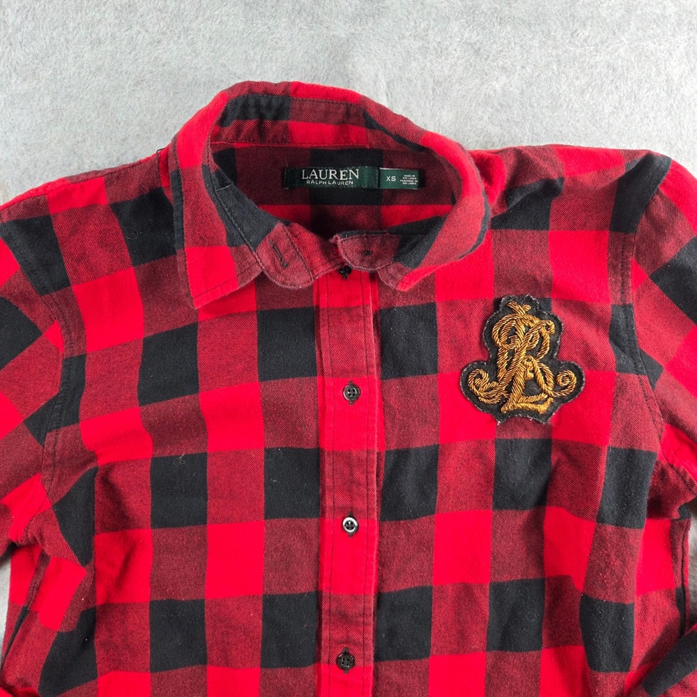 Lauren Ralph Lauren Button Down Women XS Red Black Buffalo Plaid Crest Shirt